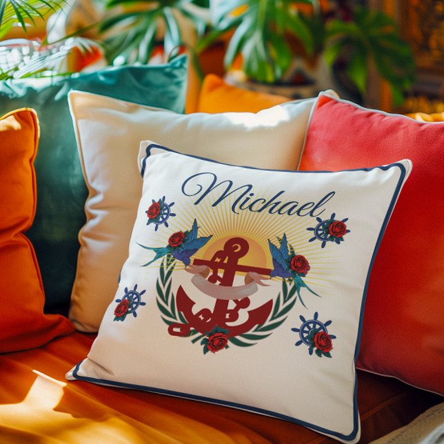 Nautical Anchor Floral Red Blue  Cushion (Creator Uploaded)