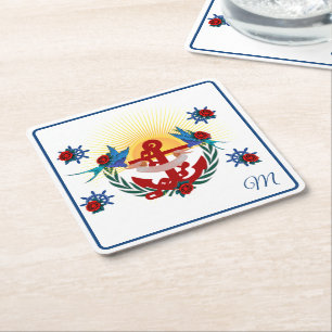 Nautical Anchor Floral Red Blue Square Paper Coaster