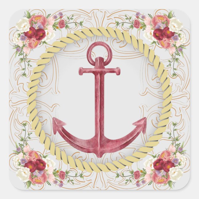 Nautical Anchor & Floral Roseate Square Sticker (Front)