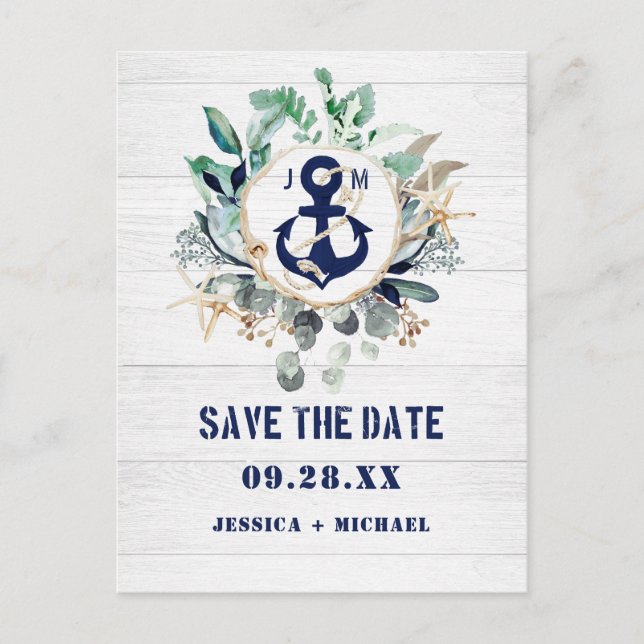 Nautical Anchor Floral Rustic Beach Save The Date Invitation Postcard (Front)