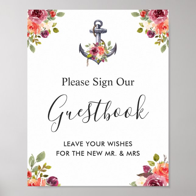 Nautical Anchor Floral Wedding Guestbook Sign (Front)