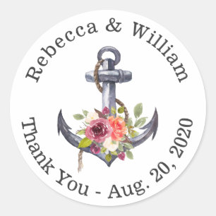 Nautical Anchor Floral Wedding Thank You Sticker