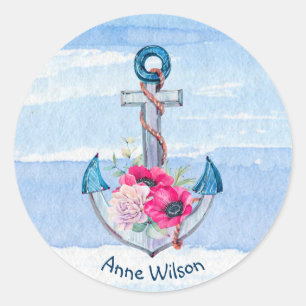 nautical anchor flower bouquet classic round sticker