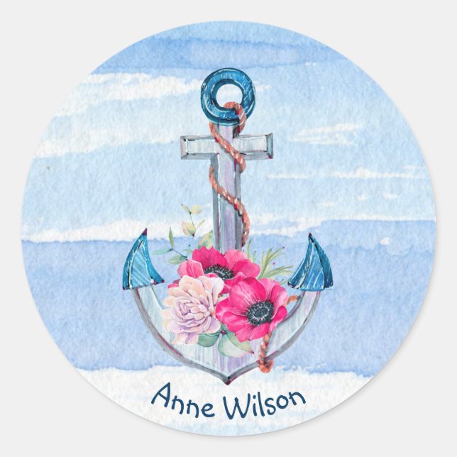 nautical anchor flower bouquet classic round sticker (Front)