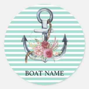Nautical,Anchor Flowers Mint Green Stripes    Classic Round Sticker