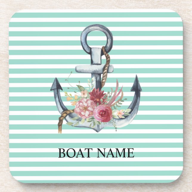 Nautical,Anchor Flowers Mint Green Stripes  Coaster (Front)