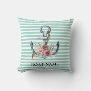 Nautical,Anchor Flowers Mint Green Stripes    Cushion