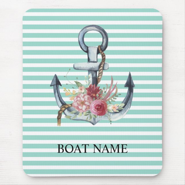 Nautical,Anchor Flowers Mint Green Stripes    Mouse Mat (Front)