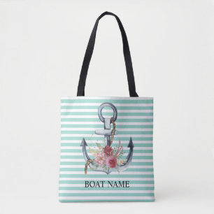 Nautical,Anchor Flowers Mint Green Stripes    Tote Bag