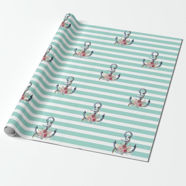 Nautical,Anchor Flowers Mint Green Stripes   Wrapping Paper (Unrolled)