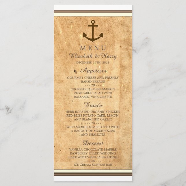Nautical Anchor Framed Vintage Paper Wedding Menu (Front)