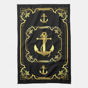 Nautical anchor gilded black/gold/black tea towel
