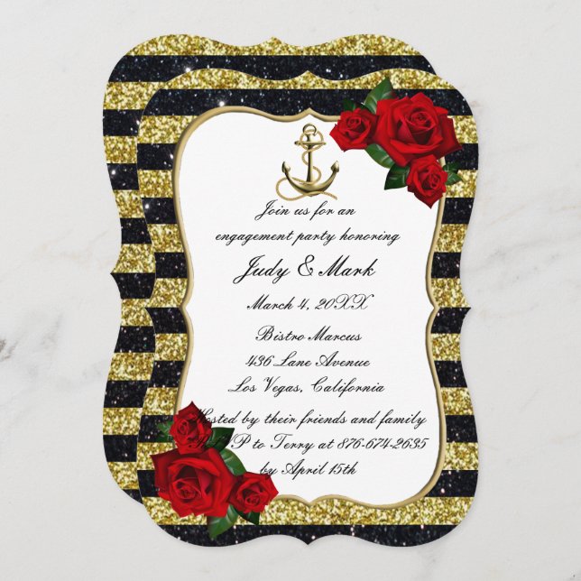 Nautical Anchor Gold Black Stripe Engagement Party Invitation (Front/Back)