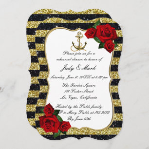 Nautical Anchor Gold Black Stripe Rehearsal Dinner Invitation