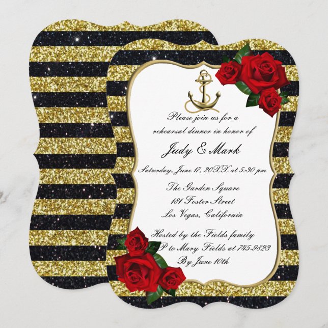 Nautical Anchor Gold Black Stripe Rehearsal Dinner Invitation (Front/Back)