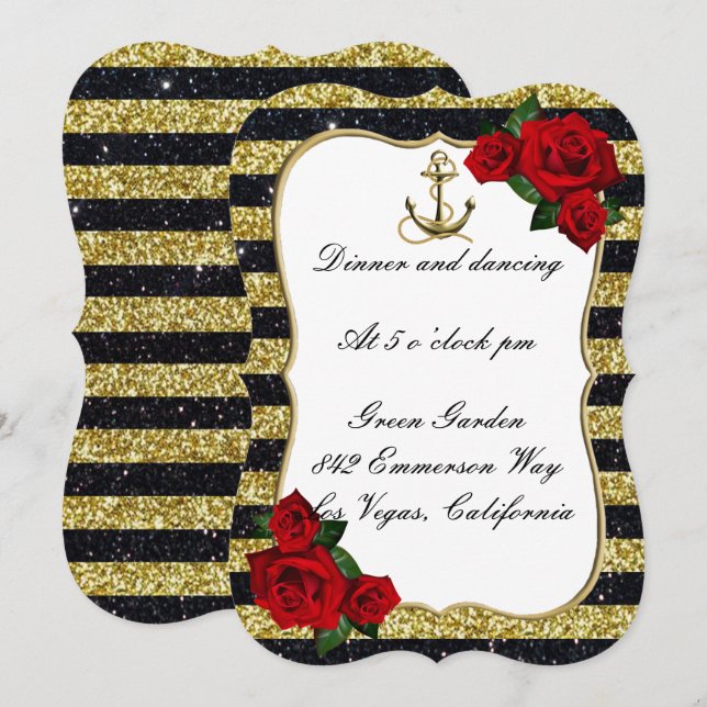 Nautical Anchor Gold Black Stripe WeddingReception Invitation (Front/Back)