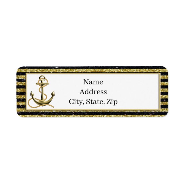 Nautical Anchor Gold Black Stripes Address Labels (Front)