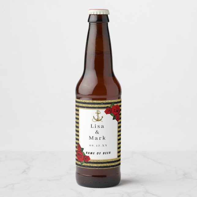 Nautical Anchor Gold Black Stripes Beer Labels (Front)