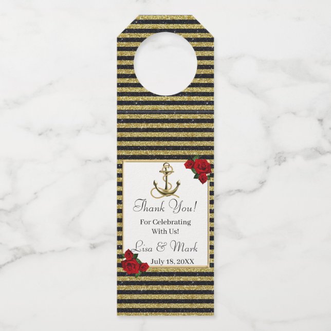 Nautical Anchor Gold Black Stripes Bottle Tag (Front)