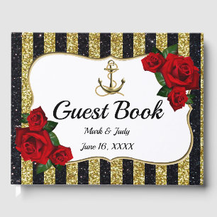 Nautical Anchor Gold Black Stripes Guestbook