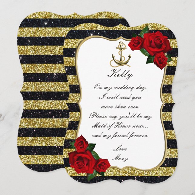 Nautical Anchor Gold Black Stripes Maid Of Honour Invitation (Front/Back)