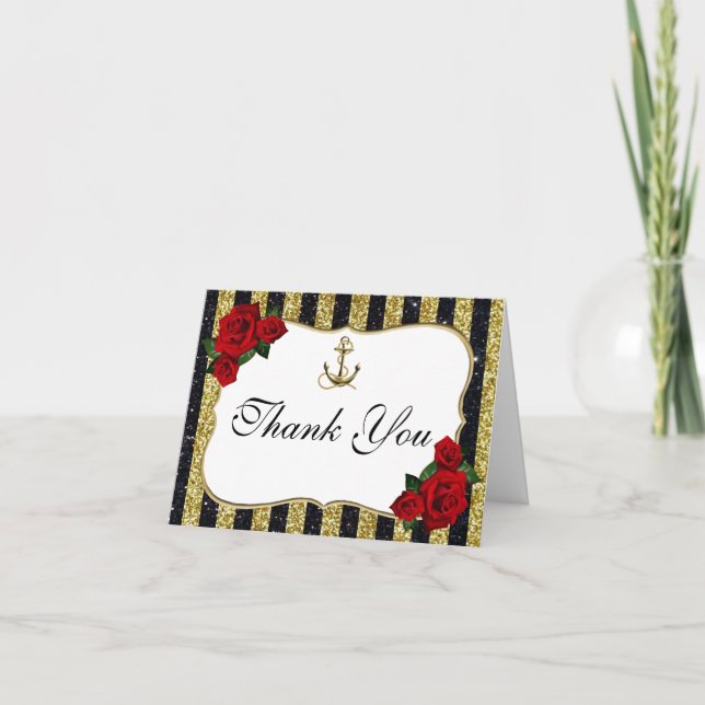 Nautical Anchor Gold Black Stripes Thank You Card (Front)