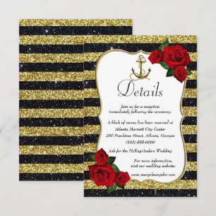 Nautical Anchor Gold Black Stripes Wedding Details Enclosure Card