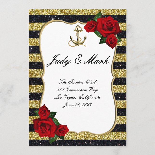 Nautical Anchor Gold Black Stripes Wedding Menu (Front)