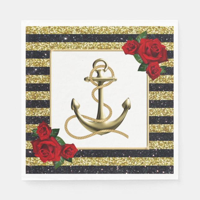 Nautical Anchor Gold Black Stripes Wedding Napkins (Front)