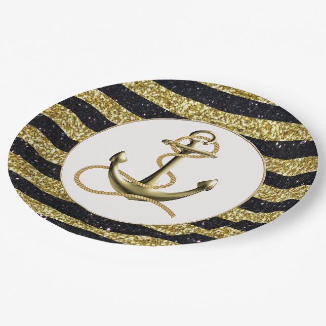 Nautical Anchor Gold Black Stripes Wedding Plates (Angled)