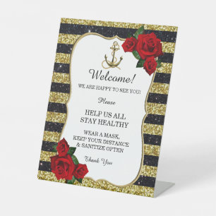 Nautical Anchor Gold Black Stripes Wedding Safety  Pedestal Sign