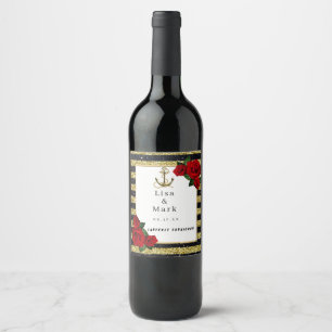 Nautical Anchor Gold Black Stripes Wine Labels