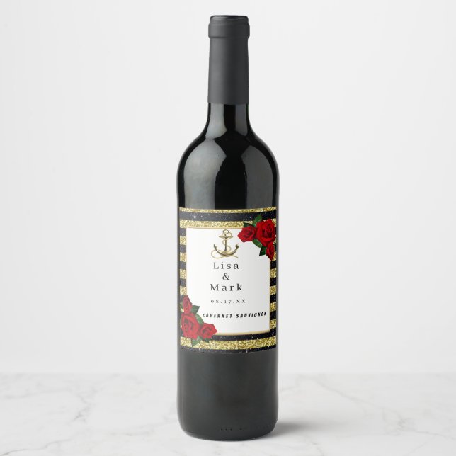 Nautical Anchor Gold Black Stripes Wine Labels (Front)