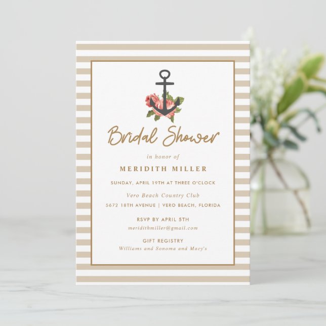 Nautical Anchor Gold Bridal Shower Party Invitation (Standing Front)