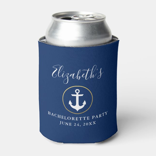 Nautical Anchor Gold Ring Blue Bachelorette Party Can Cooler (Can Front)