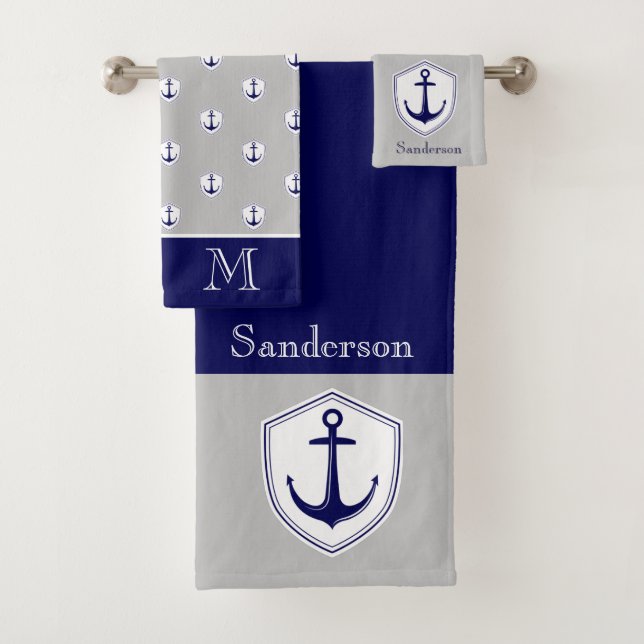 Nautical Anchor Grey Blue Navy Bathroom Bath Towel (Insitu)
