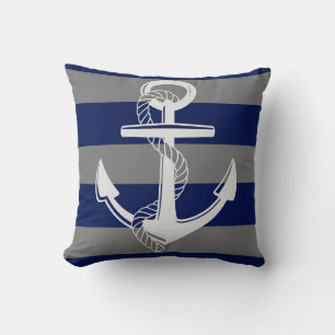 Nautical Anchor, Grey & Blue Stripe Cushion