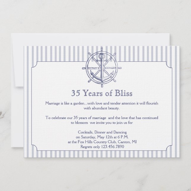Nautical Anchor Grey Stripe Anniversary Invitation (Front)