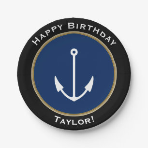 Nautical Anchor Happy Birthday with Name Paper Plate