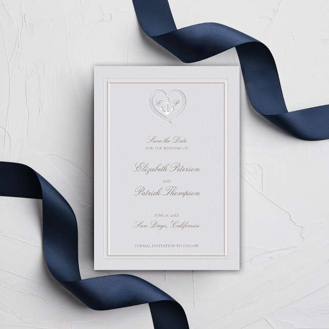 Nautical Anchor Heart Crest Classic Formal Wedding Save The Date (nautical wedding save date classic formal traditional frame faux embossed anchor crest monograms)