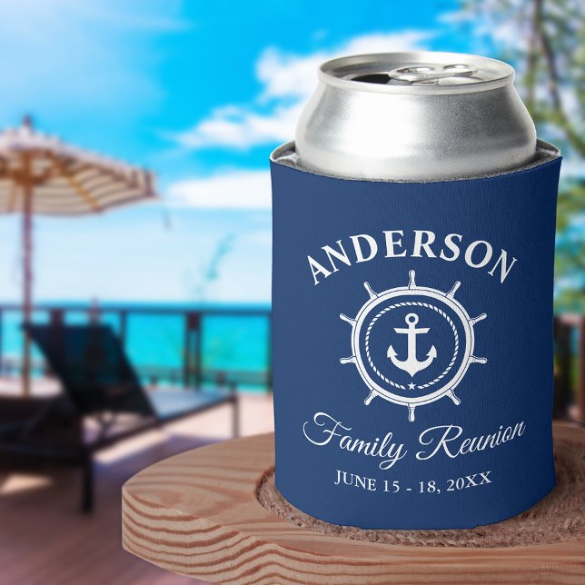 Nautical Anchor Helm Family Reunion Navy Blue Can Cooler (Customize to change text size or text style.)