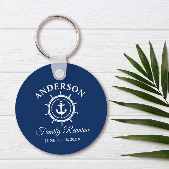 Nautical Anchor Helm Family Reunion Navy Blue Key Ring (Customize to change text size, style or background color.)