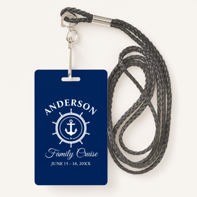 Nautical Anchor Helm Navy Blue Family Cruise ID Badge (Front with Lanyard)