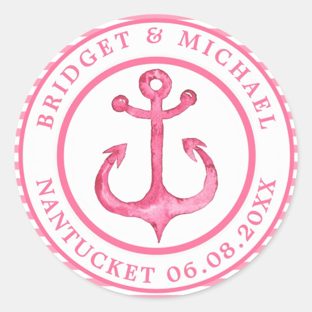 Nautical Anchor - Hot Pink Striped Personalised Classic Round Sticker (Front)
