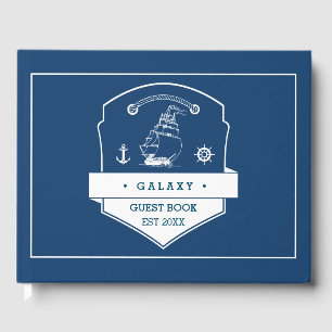 Nautical Anchor Icon and Yacht Navy Blue Guest Book