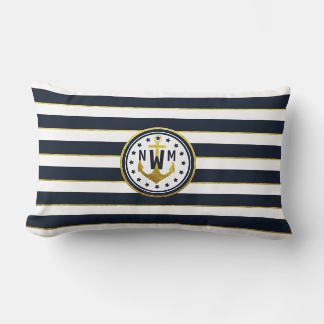 Nautical Anchor in Navy & Gold Lumbar Cushion (Front)