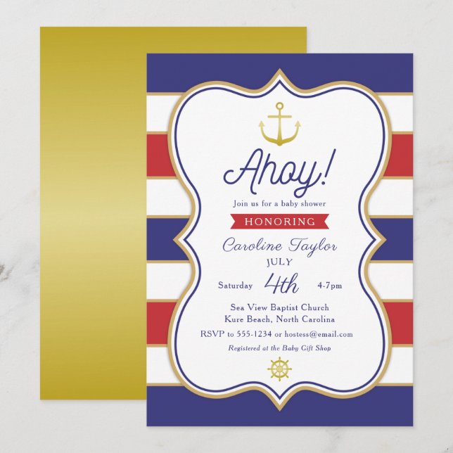 Nautical Anchor July 4th Red Blue Gold Baby Shower Invitation (Front/Back)