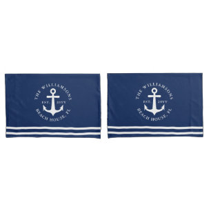 Nautical Anchor Light Navy Blue and White  Pillowcase