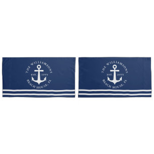 Nautical Anchor Light Navy Blue White King Size Pillowcase