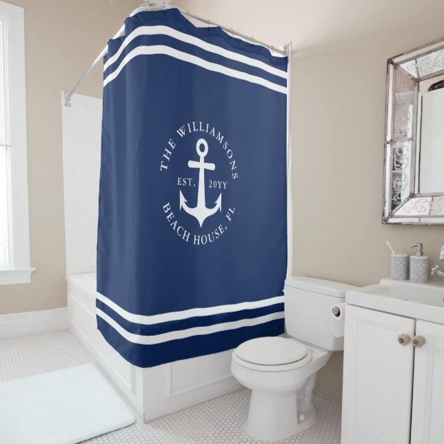 Nautical Anchor Light Navy Blue White Personalised Shower Curtain (In Situ)